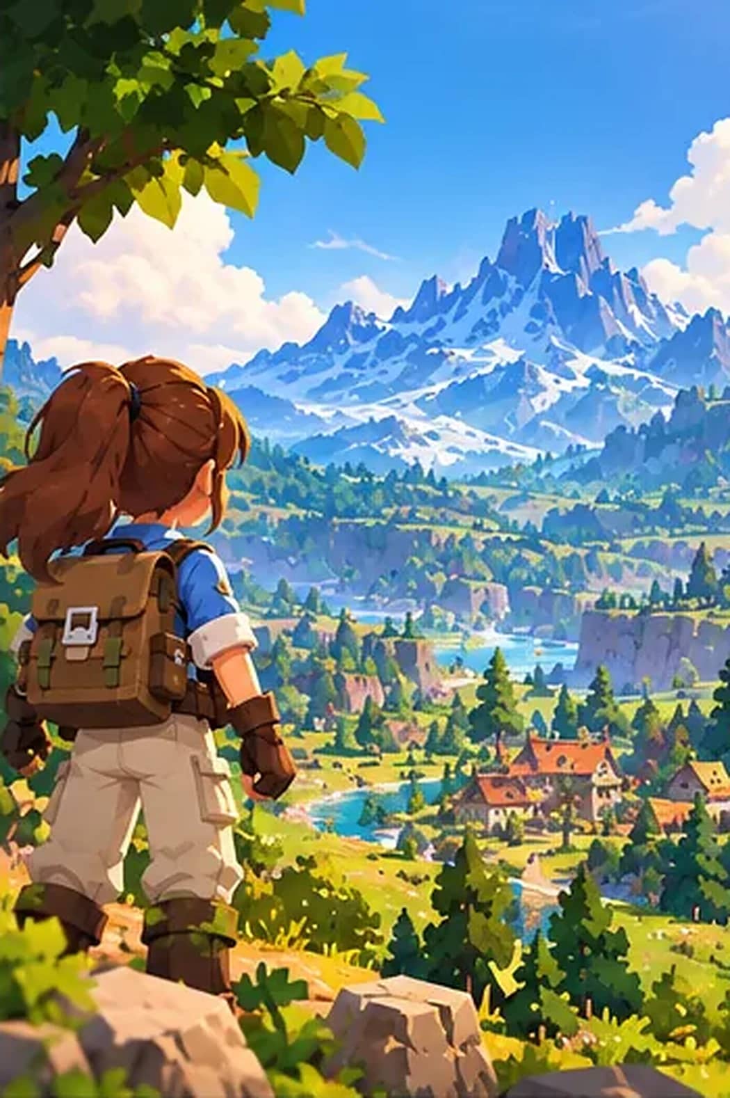 Close view of the explorer from behind, gazing over the valley and distant mountains.