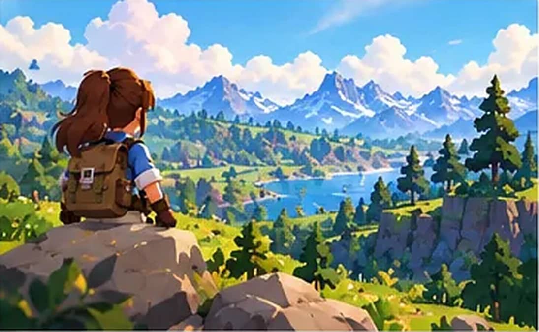 The explorer sits on a boulder overlooking a lake valley and distant mountains.