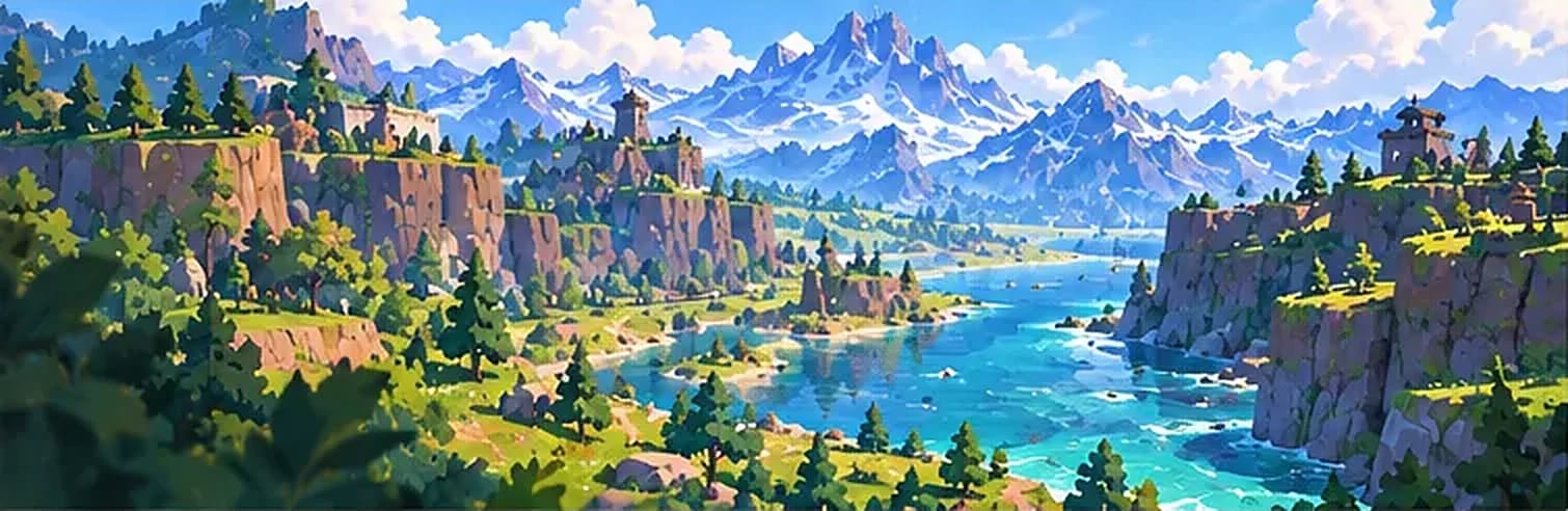 A turquoise river winding between forested cliffs and grassy plateaus, with mountains on the horizon.