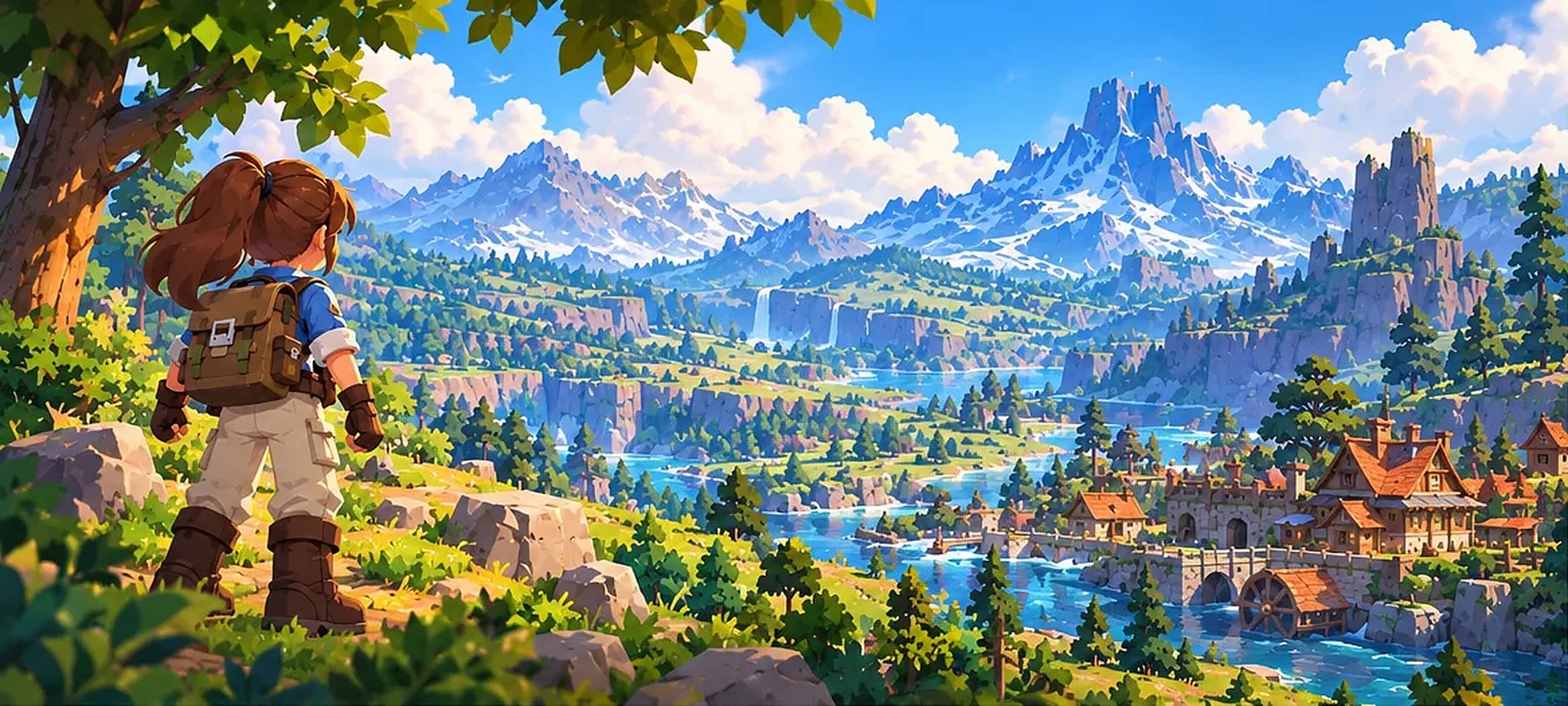 An explorer with a backpack stands on a grassy ridge, looking across a wide valley of forests, waterfalls and a river settlement towards snow-capped mountains.