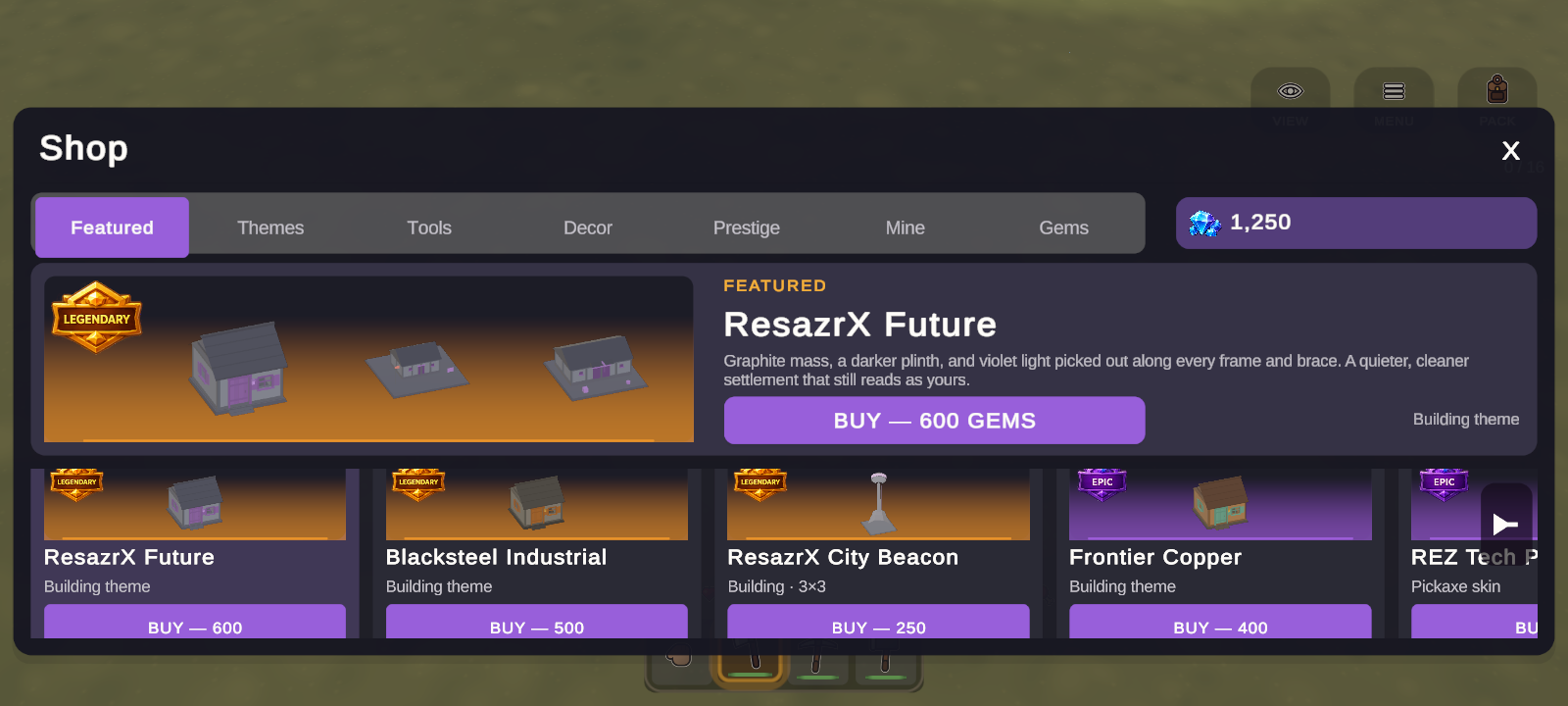 A capture of AUVRELITH's in-game shop showing its featured cosmetic cards and gem prices.